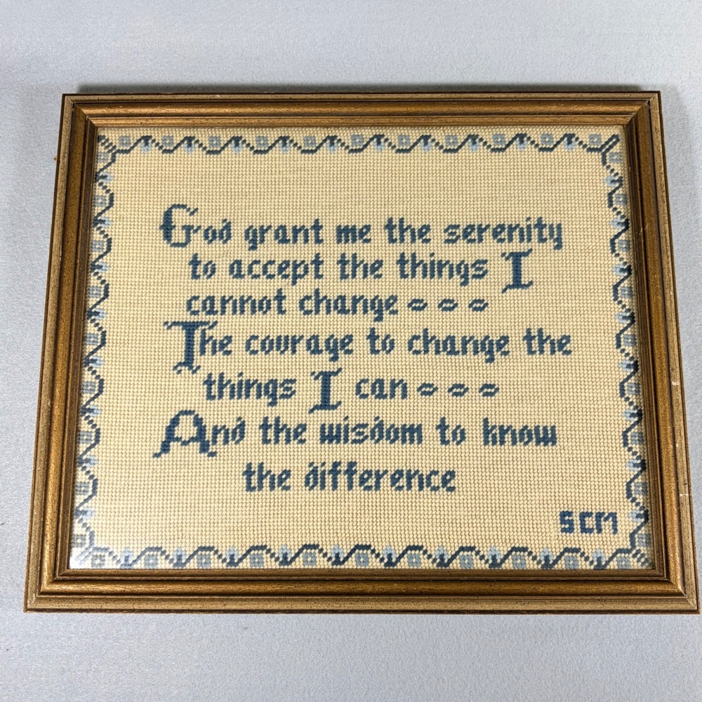Vintage 1973 Serenity Prayer Wood Framed Needlepoint Handmade Wall Art 16x13 AA